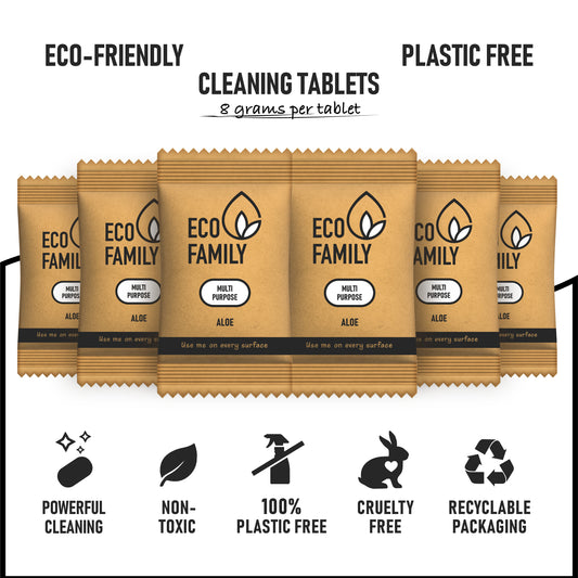 Six individually wrapped Eco Family aloe multipurpose cleaning tablets.
